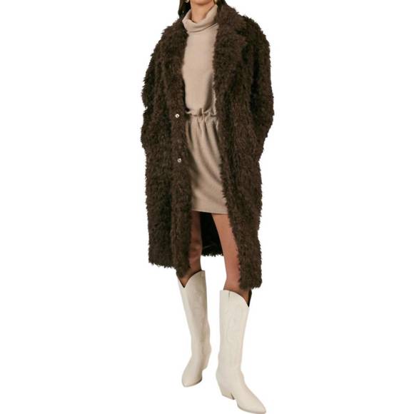 NEW SAGE THE LABEL golden days long faux fur coat in brown